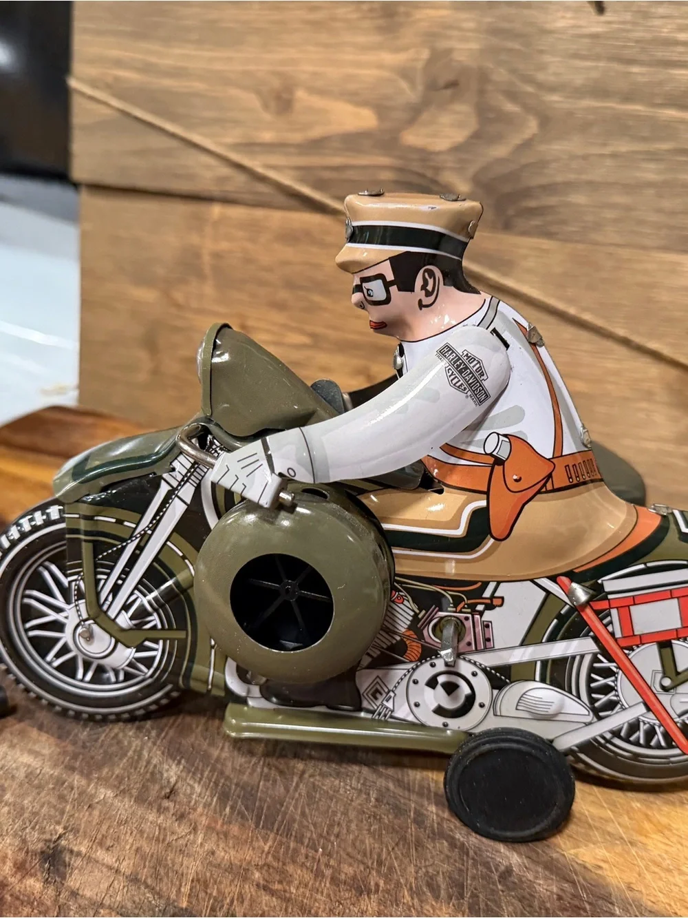 Harley-Davidson Olive Green & Tan Tin Motorcycle with Sidecar